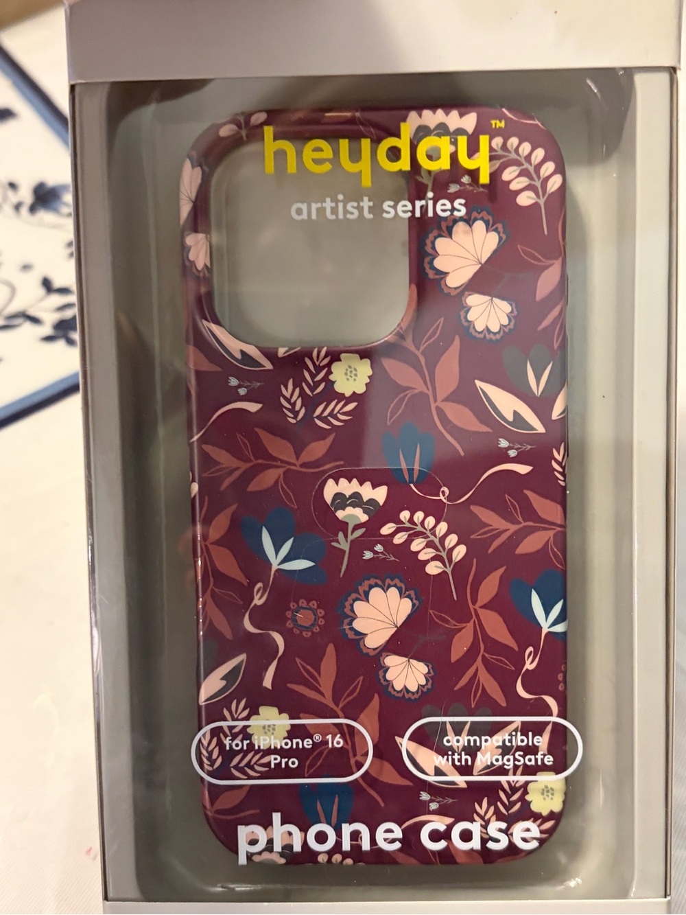 heyday Floral Artist Series Phone Case in Burgundy with Blue & Cream Accents